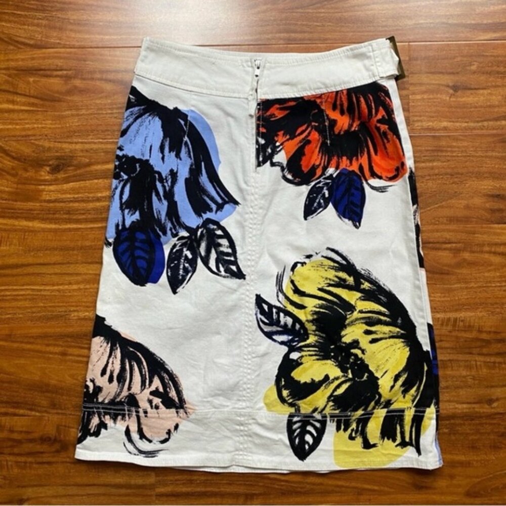 Anthropologie Maeve White Multicolor Watercolor Floral Belt Denim Skirt Size 4 - Picture 2 of 16